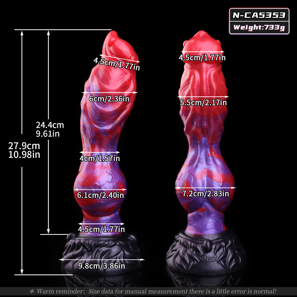 Glutwirbel Dog Dildo – Asymmetrische Doppellappen-Glans, Vier Fleischnoppen-Kranz, Rot-Lila-Wirbelmuster & Schwarzer Pelzrelief-Saugnapf-Sockel aus Platin-Silikon