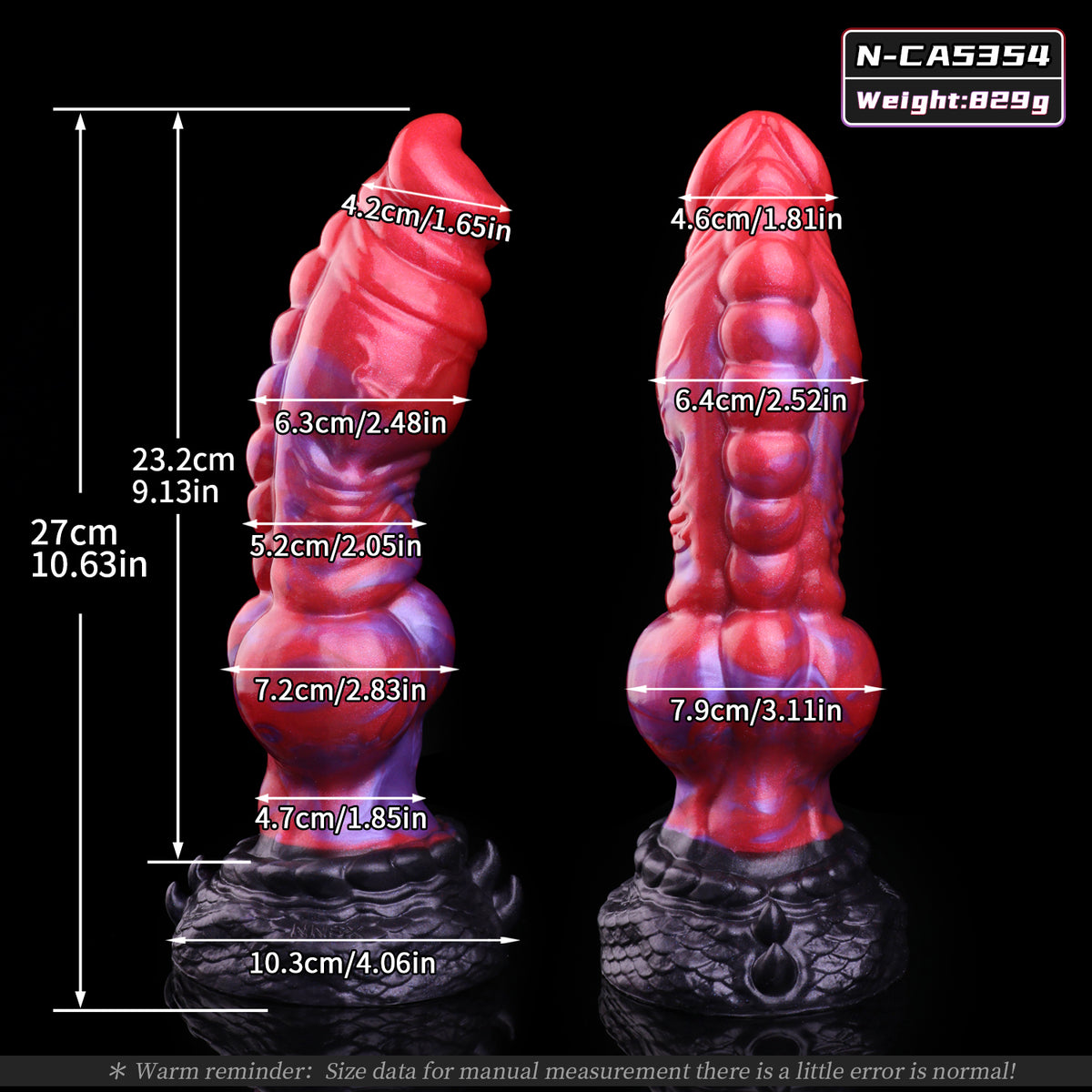 Schuppenwolf Dog Dildo – Spiralförmige Konusspitze, Doppelreihen-Kugelnoppen-Turm, Rot-Violett-Perlmuttwirbel & Schwarzer Schuppenpanzer-Saugnapf-Sockel aus Platin-Silikon