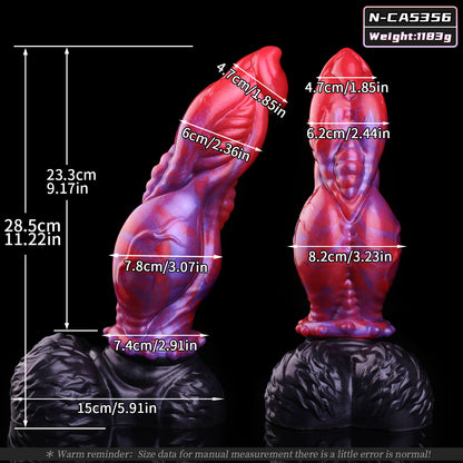 Blutmuskel Dog Dildo – Vollflächiges Muskelgewölbe-Relief, Rot-Violett-Perlmuttwirbel, Granulat-Halskragen & Schwarzer Doppelhoden-Saugnapf-Sockel aus Platin-Silikon