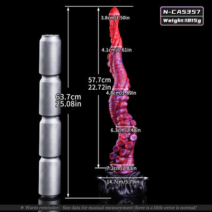 Kraken-Tentakel Long Dildo – Progressiv Vergrößernde Ringnapf-Saugscheiben, Rot-Violett-Perlmuttwirbel, S-Kurven-Tentakelschaft & Schwarzer Oktopus-Reliefsockel mit Saugnapf aus Platin-Silikon