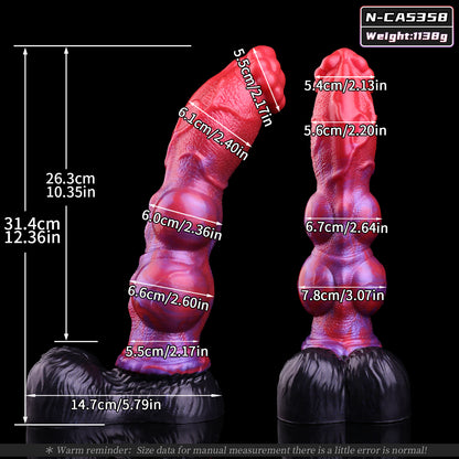 Fleischknotenwurm Dog Dildo – Drei-Knoten-Perlschnur-Schaft, Karbunkel-Glans-Krone, Rot-Violett-Tiefenwirbelstruktur & Schwarzer Doppelhoden-Nierenfreiformsaugnapf aus Platin-Silikon