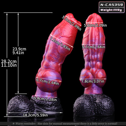 Drachenpuls Dog Dildo – Radialblüten-Glans, Grob-Unregelmäßige Aderreliefstruktur, Dual-Knotenschaft & Schwarzer Drachenschuppen-Hodensaugnapf-Sockel aus Platin-Silikon