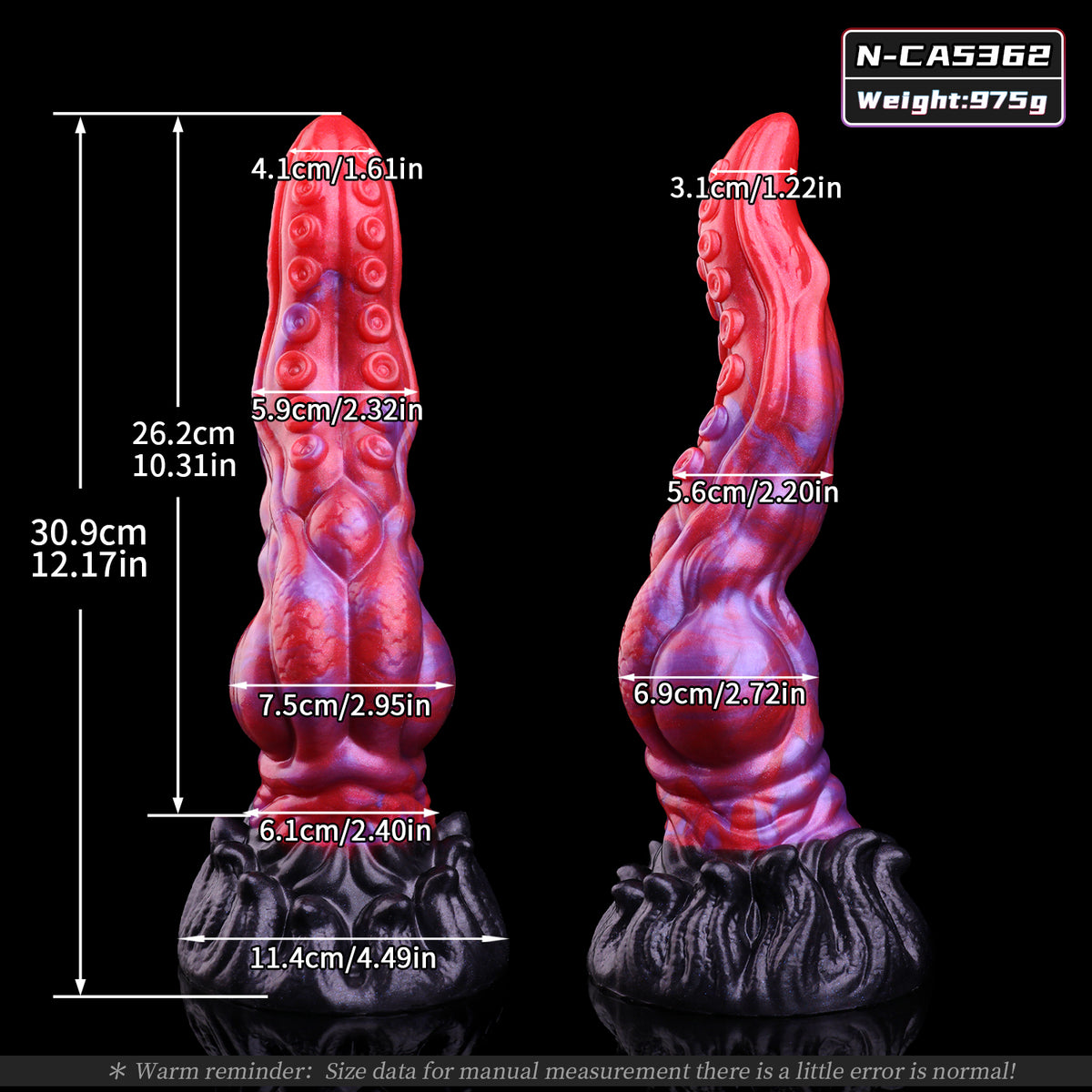 Tentakelwesen Fantasy Dildo – Dual-Saugnapf-Reihen-Tentakel, Rot-Violett-Blauviolett-Perlmuttwirbel, Kugel-Expansionszone & Schwarzer Organisch-Tentakelkranz-Saugnapf-Sockel aus Platin-Silikon