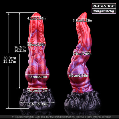 Tentakelwesen Fantasy Dildo – Dual-Saugnapf-Reihen-Tentakel, Rot-Violett-Blauviolett-Perlmuttwirbel, Kugel-Expansionszone & Schwarzer Organisch-Tentakelkranz-Saugnapf-Sockel aus Platin-Silikon