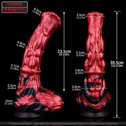 Wild Horse Dildo Fantasy - C-Kurve Flacher Kopf | Kugelknoten Krallenbasis Rot-Schwarz Platin