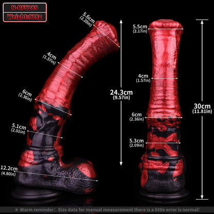 Scrotum Base Dragon Dildo XL - Hängende Hoden | Realistische Bälle Krallenbasis Rot-Schwarz Platin