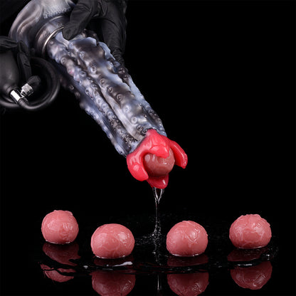 Alien-Tentakel Ovipositor: Phallischer Fantasy-Eiablageapparat in Schwarz-Meliert mit Pumpe, Eiern & Saugfuß