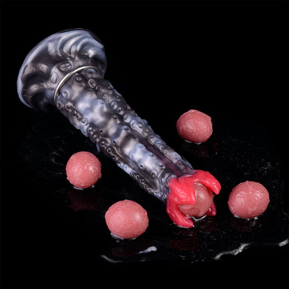 Alien-Tentakel Ovipositor: Phallischer Fantasy-Eiablageapparat in Schwarz-Meliert mit Pumpe, Eiern & Saugfuß