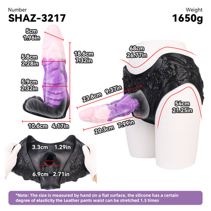 Large Fantasy Dildo Platinum Silicone Strap-On Set - Strap-On Dildo with Baroque Harness and Dragon Scale Shaft