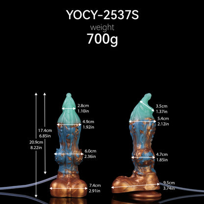 Squirting Dildo Drachenhund-Edition – Mintgrün & Kobaltblau, Lavagold-Schuppen, Spritzfunktion & Saugnapf aus Platin-Silikon (S/M/L)