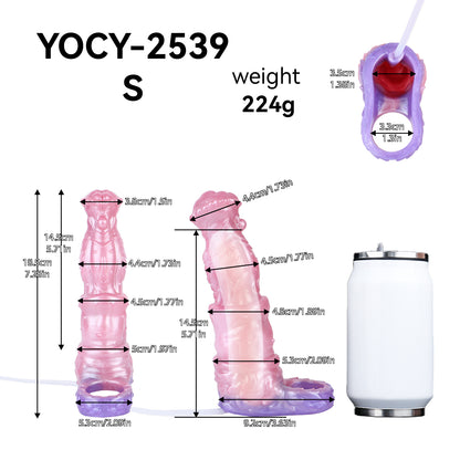 Kronenkreatur Penis Sleeve – Fächerblatt-Coronarand, Segmentierter Muskelschaft, Rosa-Violett-Farbverlauf & Spritzfunktion aus Platin-Silikon | S/M/L