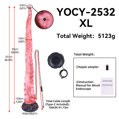 Tiefsee-Tentakel Long Dildo – Korallenpink mit Saugnapf-Reihen, 4 Größen (S/M/L/XL), HD-Kamera & Schwarzer Skulptursockel aus Platin-Silikon