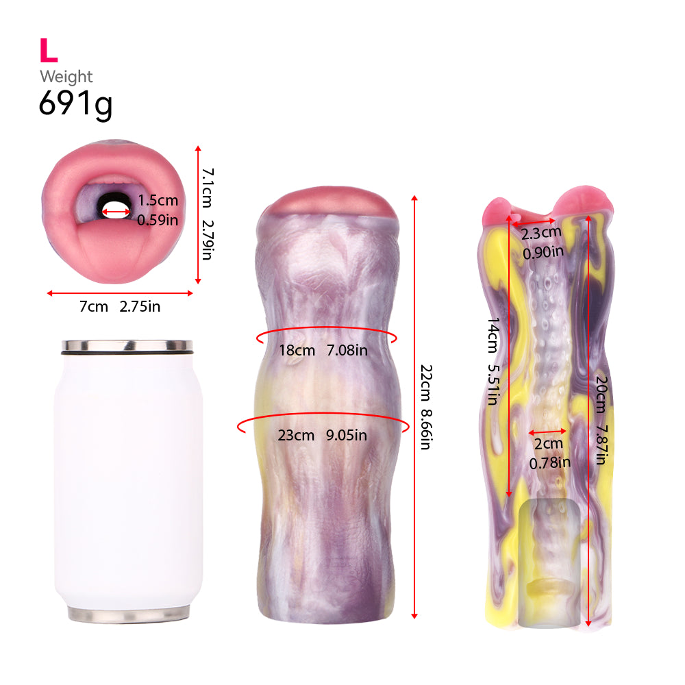 Fantasy-Mund Pocket Pussy mit Wulstlippen, Zunge & Luftpumpe – Lavendelviolett-Zitronengelb-Rosarosa, Größen S & L & Platin-Silikon