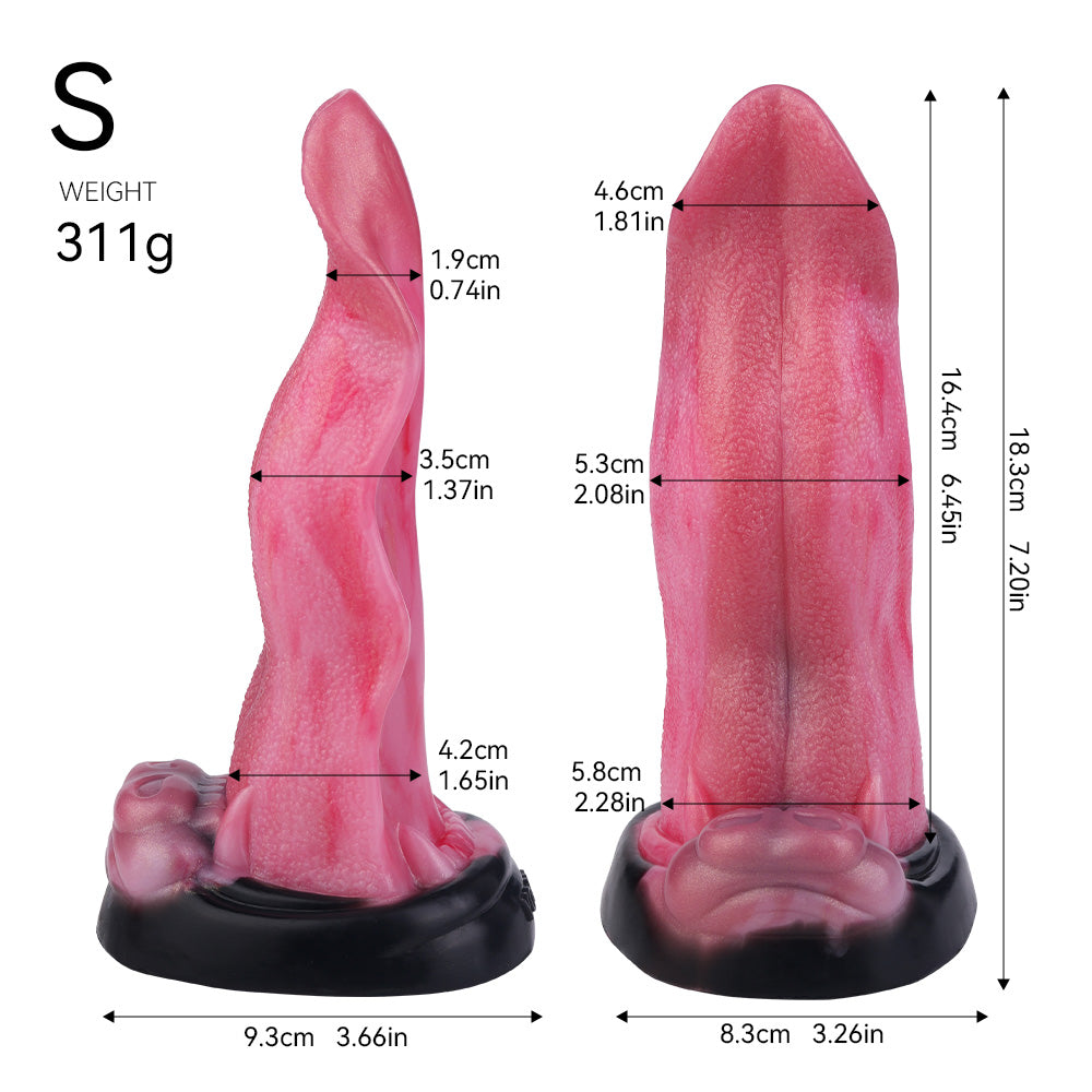 Fantasy Dildo Wolfszunge in Tiefem Rosenrosa – Zungentextur, Wolfsbase, Saugnapf & S/L-Größen aus Platin-Silikon