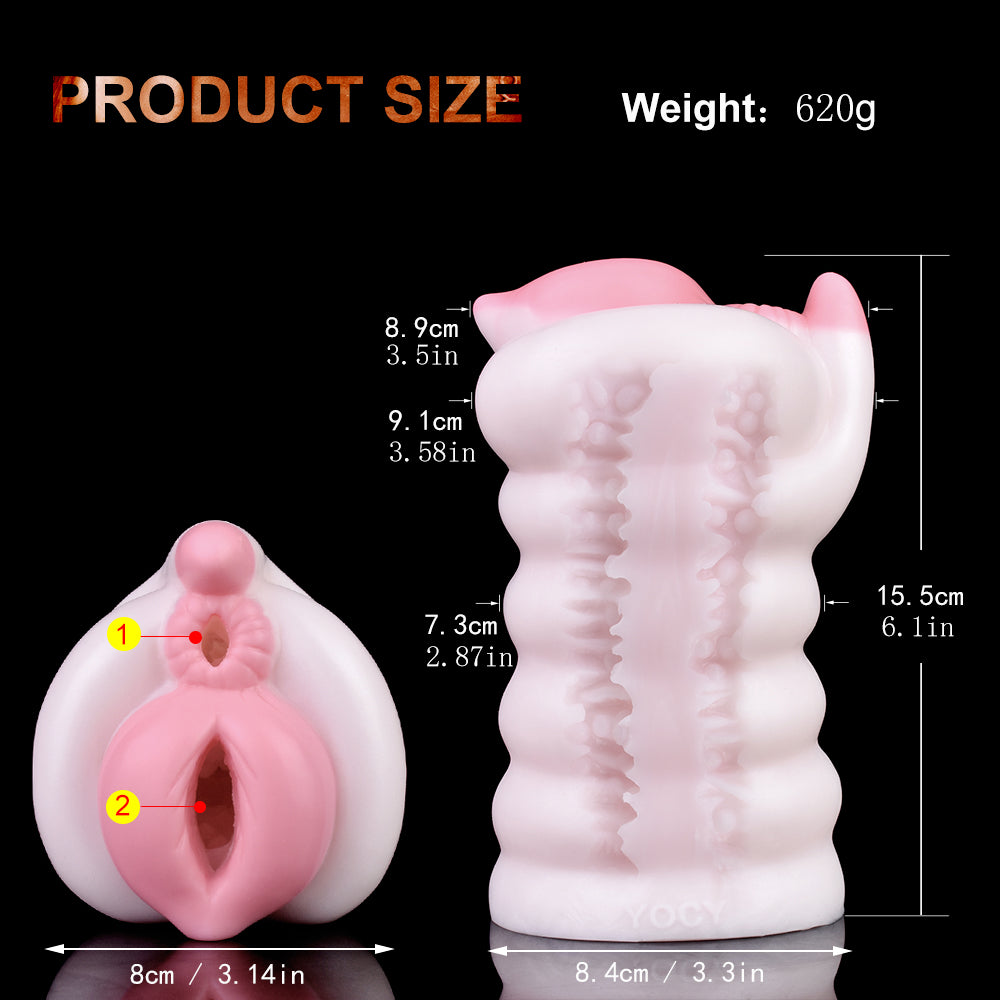 Traumwelt Pocket Pussy mit Spiralwülsten, Klitoris-Kugel & Vaginal-Anal-Doppelkanal – Perlweiß-Rosarosa, Zackennoppen-Kanal & Platin-Silikon