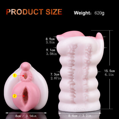 Traumwelt Pocket Pussy mit Spiralwülsten, Klitoris-Kugel & Vaginal-Anal-Doppelkanal – Perlweiß-Rosarosa, Zackennoppen-Kanal & Platin-Silikon