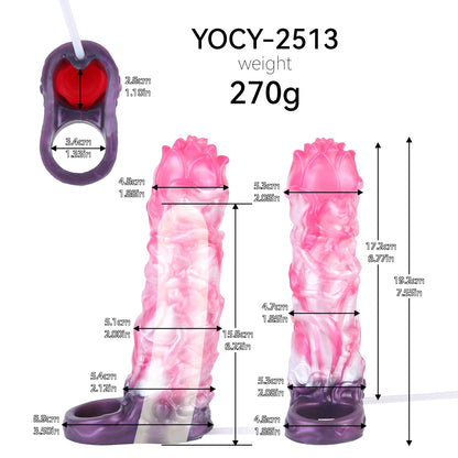 Geistlotus Penis Sleeve – Mehrschichtige Lotusblüten-Kronenspitze, Rosa-Weiss-Perlmuttwirbel-Rankenschaft, Spritzfunktion & Violetter Penisring-Verzögerungssockel aus Platin-Silikon