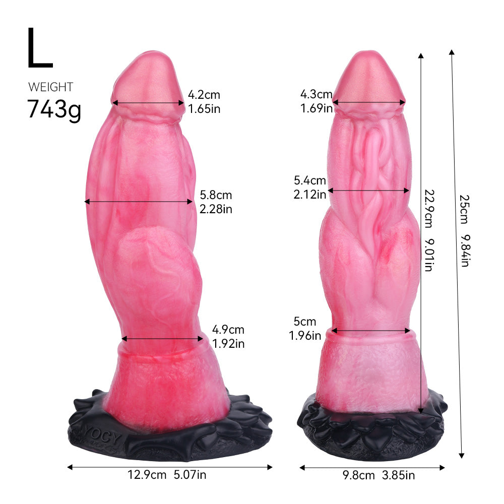 Dragon Dildo Tyrannosaurus in Mittlerem Rosenrosa – Muskelstruktur, Perlweiß-Hochglanz, Saugnapf & S/M/L aus Platin-Silikon