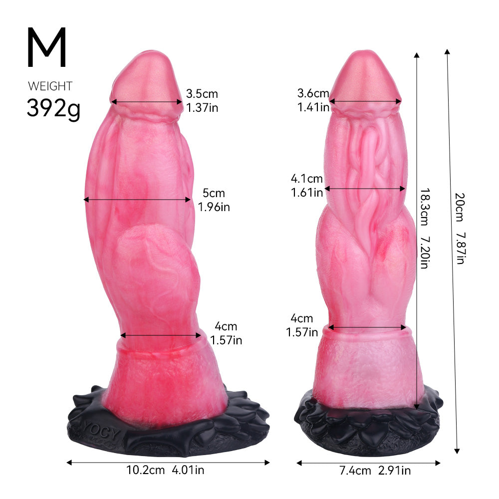 Dragon Dildo Tyrannosaurus in Mittlerem Rosenrosa – Muskelstruktur, Perlweiß-Hochglanz, Saugnapf & S/M/L aus Platin-Silikon