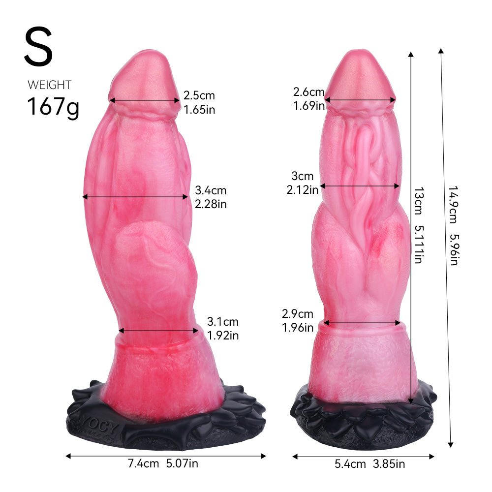 Dragon Dildo Tyrannosaurus in Mittlerem Rosenrosa – Muskelstruktur, Perlweiß-Hochglanz, Saugnapf & S/M/L aus Platin-Silikon